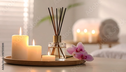 A cozy spa setup featuring soothing candles, aroma diffuser, and a delicate orchid on a wooden tray