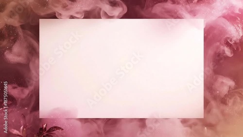 White rectangular frame surrounded by swirling pink and purple smoke, creating a mystical and ethereal border.