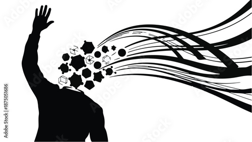 Silhouette of a person with thoughts and ideas flowing out like a stream