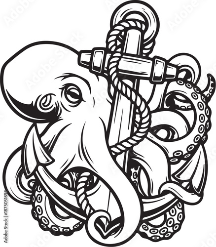 Octopus Anchor Nautical Tattoo Vector Set
