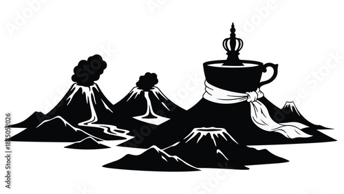 Whimsical landscape featuring volcanic mountains and a crown-topped coffee cup island.