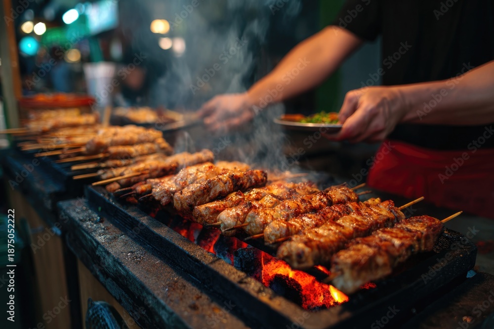 Naklejka premium Juicy skewers sizzle over open flames, showcasing vibrant grilli
