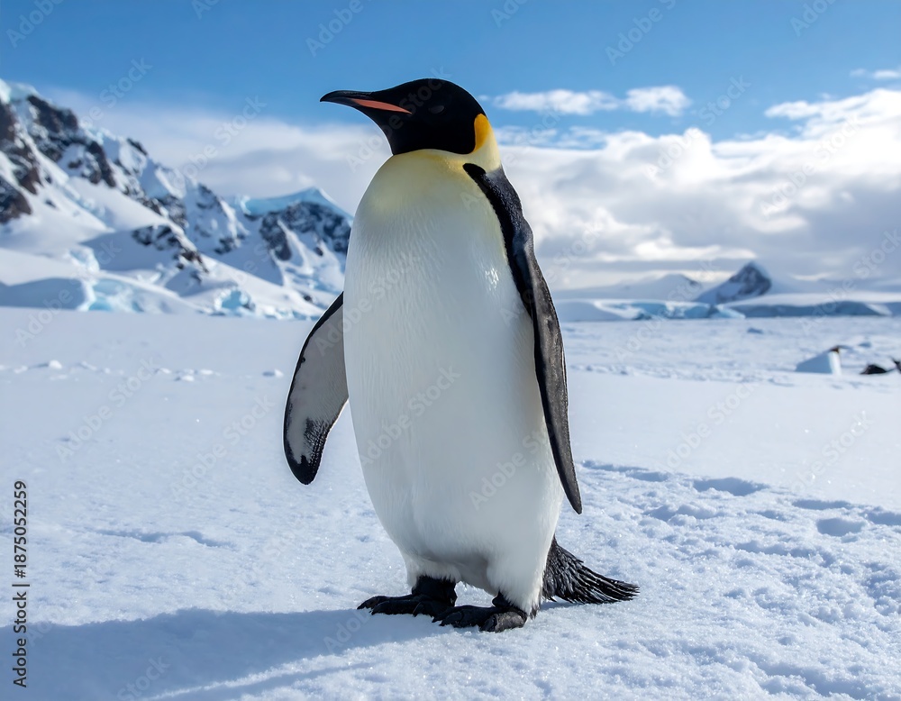 Fototapeta premium Emperor penguin on snowy Antarctic landscape