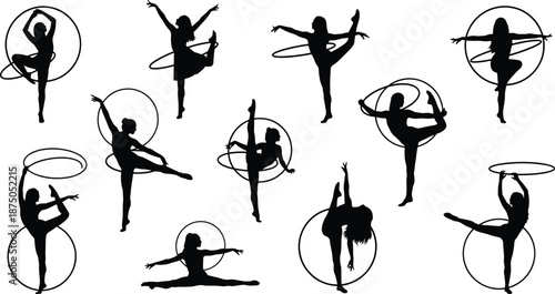Silhouettes of rhythmic gymnasts performing dance poses with hoops, flexibility and balance concept, artistic gymnastics choreography isolated on white background for sports and design projects.