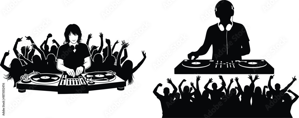 Fototapeta premium Silhouette illustration of DJ playing music with crowd, headphones, and turntable equipment for entertainment