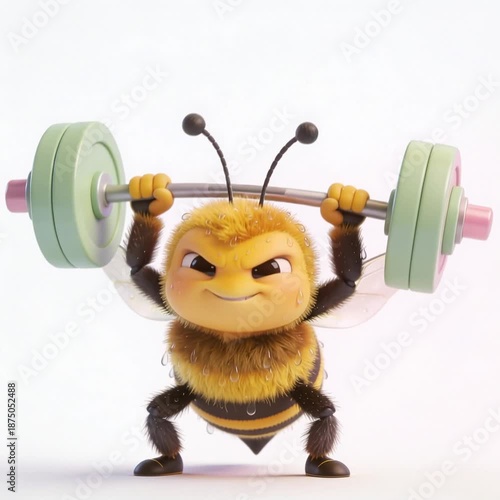 A adorable little bee is weightlifting. White background.