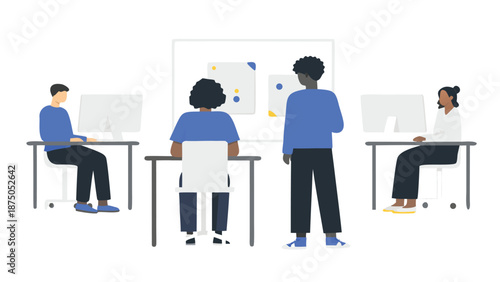 Diverse team collaborating in modern office environment with computers and whiteboard