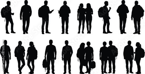 Silhouettes of young people walking and standing with backpacks, student lifestyle and casual communication concept isolated on white background for education, travel, and social design projects.