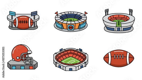 Isometric American Football Stadium and Equipment Icon Set, Arena Architecture, Red Helmet, and Scoreboard Screen Vector