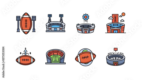 American Football Stadium and Ball Icon Set, Match Arena Architecture and Tactical Game Strategy Vector Illustration