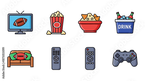 American Football Watch Party and Video Game Icon Set, TV, Sofa, Snacks, Beer, and Gamepad Controller Vector Illustration