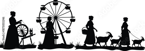 Vintage countryside silhouettes of women working, walking with goats, and a ferris wheel in the background illustrating rural pastoral lifestyle and farm traditions.