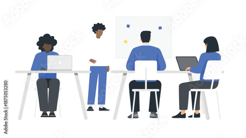 Diverse team collaborating in modern office space with laptops and whiteboard