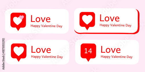 Romantic love message notification collection. Heart symbol in chat bubble for social media interaction. Valentine's Day greeting card elements on pink background.