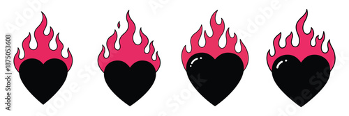 Glossy Black Hearts with Pink Outlined Flames Vector Illustration Set Punk Rock Sticker
