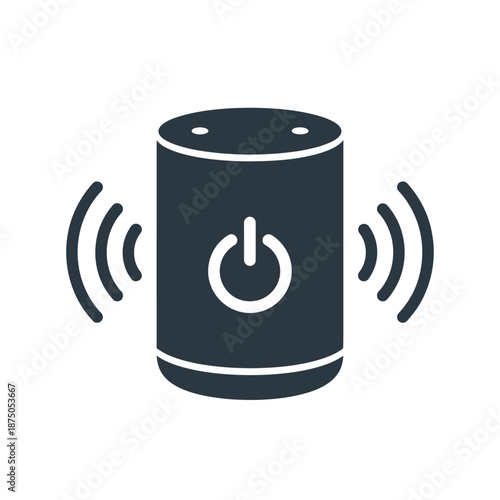 Vector illustration icon dark navy blue smart speaker icon with power button and sound waves emitting isolated on white background for tech or audio concepts