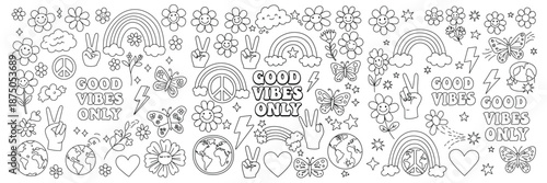 Retro Groovy Aesthetic Doodle Set Peace Sign Rainbow Flower Butterfly Good Vibes Only Coloring Page