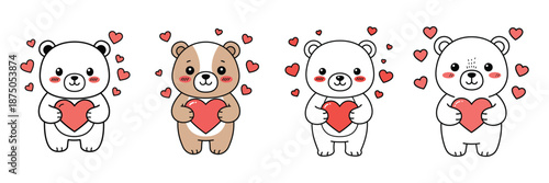 Cute teddy bear characters holding red hearts for valentine day and love greeting card