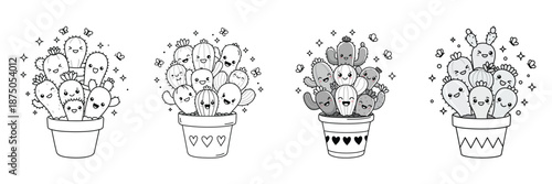 Cute cactus succulents in pot characters with butterflies for desert and garden coloring