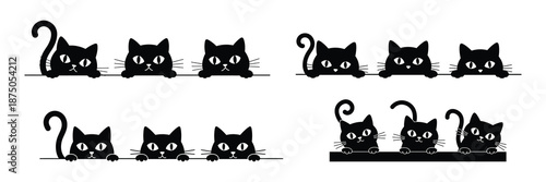Black Peeking Cat Silhouette Set Cute Kitten Character Looking Border Vector