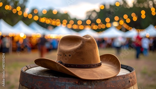 A rustic cowboy hat rests on a wooden barrel, surrounded by glowing lights and a lively festival atmosphere
