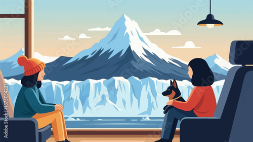 An illustration of two people and a dog gazing at a snowy mountain and glacier from a window