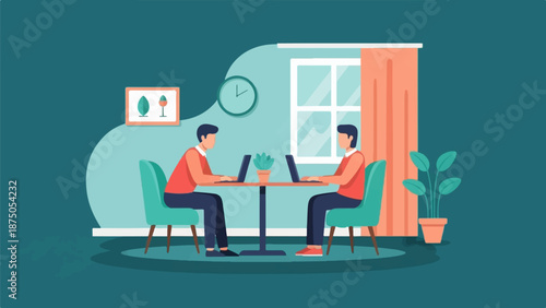 An illustration of two men sitting at a table, focused on working with their laptops indoors