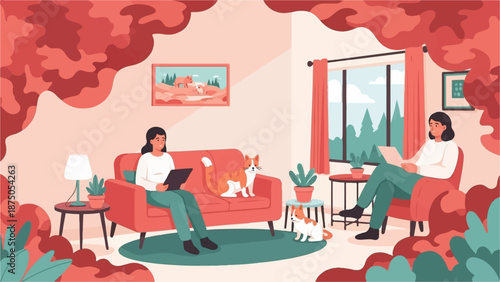 An illustration of two people relaxing at home with their pets in a cozy, modern living room