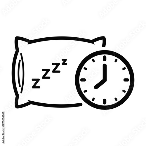 Vector illustration icon a black line drawing of a pillow with zzz and an analog clock on a white background to represent sleeping and waking up on time