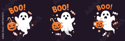 Cute Halloween Ghost Character Holding Pumpkin Mug with Candy and Boo Text Spooky Cartoon Design