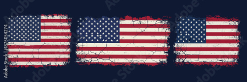 Set of Grunge American USA Flags with Distressed Texture and Vintage Retro Style Patriotic Design