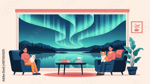 An illustration of two people with pets in a cozy living room watching the aurora borealis