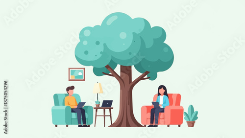 An illustration of two people working on tablets in a living room with a large tree growing inside