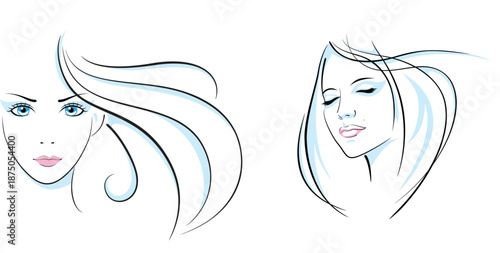 Elegant Beauty Salon Branding and Logo Set. Minimalist Female Face Illustrations with Long Flowing Hair. Line Art Portraits for Hairdresser, Makeup Artist, and Spa Wellness Design