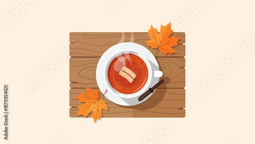An overhead view of a steaming cup of tea with cinnamon and maple leaves on a rustic wooden board