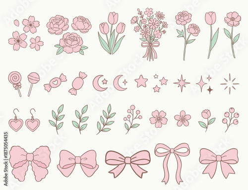Cute Pink Floral Illustration Set with Bows, Candy, and Heart Earrings