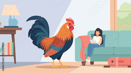 An oversized rooster stands in a modern living room next to a woman relaxing on a sofa