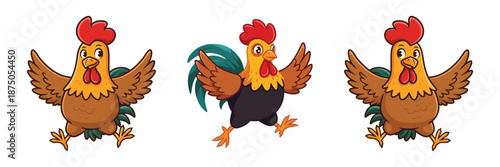Set of Happy Rooster Character Running and Flapping Wings for Farm and Poultry Food Branding
