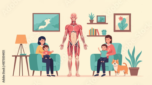 Anatomy model of human muscles in a living room with two mothers, their children, and a dog