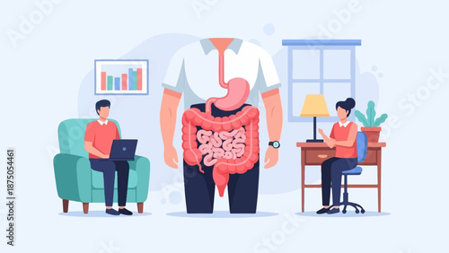 Anatomical illustration of the digestive system with people working in a modern interior setting