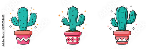Cute Cactus Plant in Decorative Pot Set with Spines and Stars for Desert Nature Theme Design