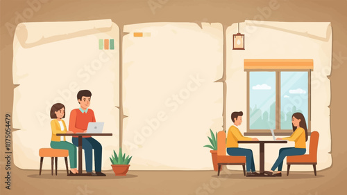 Cartoon illustration of couples working on laptops in a cafe, framed by large parchment scrolls