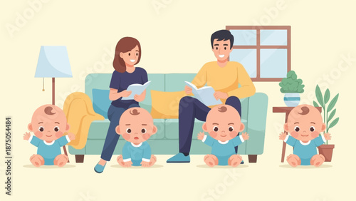 Cartoon parents read on a sofa, surrounded by their four identical babies playing in the living room.