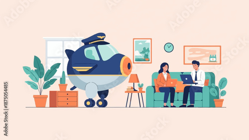 Cartoon illustration of a couple working on laptops beside a large toy airplane in a living room