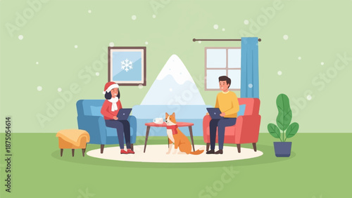 Couple working on laptops in a cozy living room during a snowy winter day with their dog