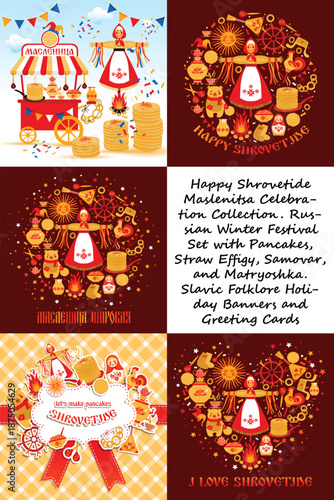 Happy Shrovetide Maslenitsa Celebration Collection. Russian Winter Festival Set with Pancakes, Straw Effigy, Samovar, and Matryoshka. Slavic Folklore Holiday Banners and Greeting Cards