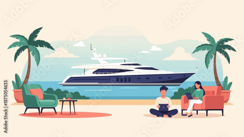 Couple working remotely on laptops at a beach, with a luxury yacht anchored in the background