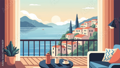 Cozy balcony view of a Mediterranean village by the sea with coffee at sunrise