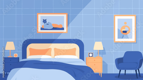 Cozy bedroom interior illustration with a blue and orange color scheme, furniture, and wall art