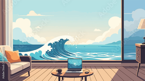 Cozy room with a laptop overlooking a massive ocean wave through a large window. Pixel art style